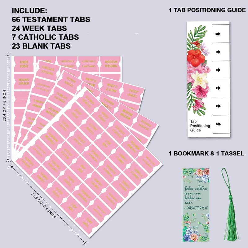 Cualfec Spanish Catholic Bible Index Tabs New & Old Testament Tabs Matte Laminated Floral Design, Bible Journaling Supplies - 122 Pcs (Pink - Gold Foil) - Image 2
